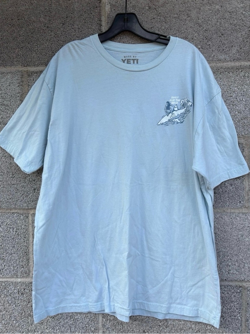 YETI T-Shirt Mens XXL Light Blue Built for the Wild Shark Surfboard Jaws Back